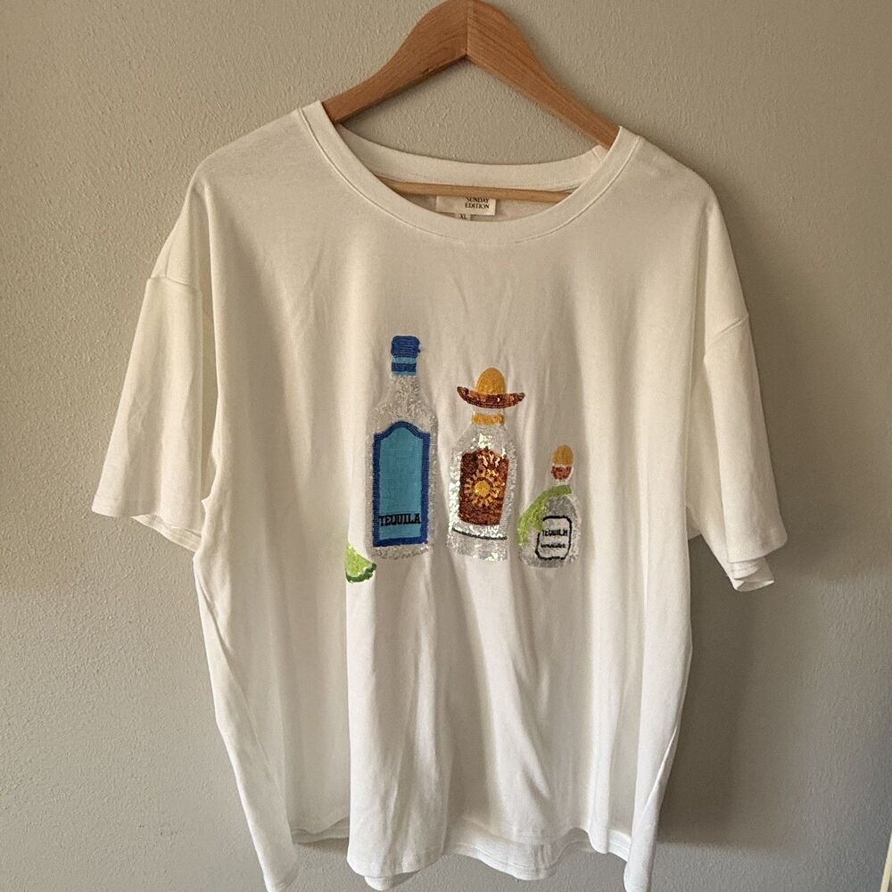 Tequila Bottles Graphic T-Shirt Sequin Mexico bachelorette party cinco de mayo
